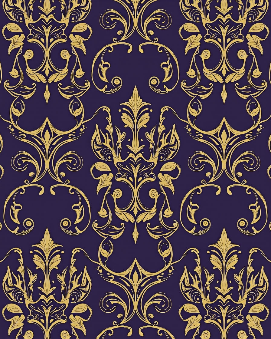 Gold Damask Pattern on Deep Purple Rug