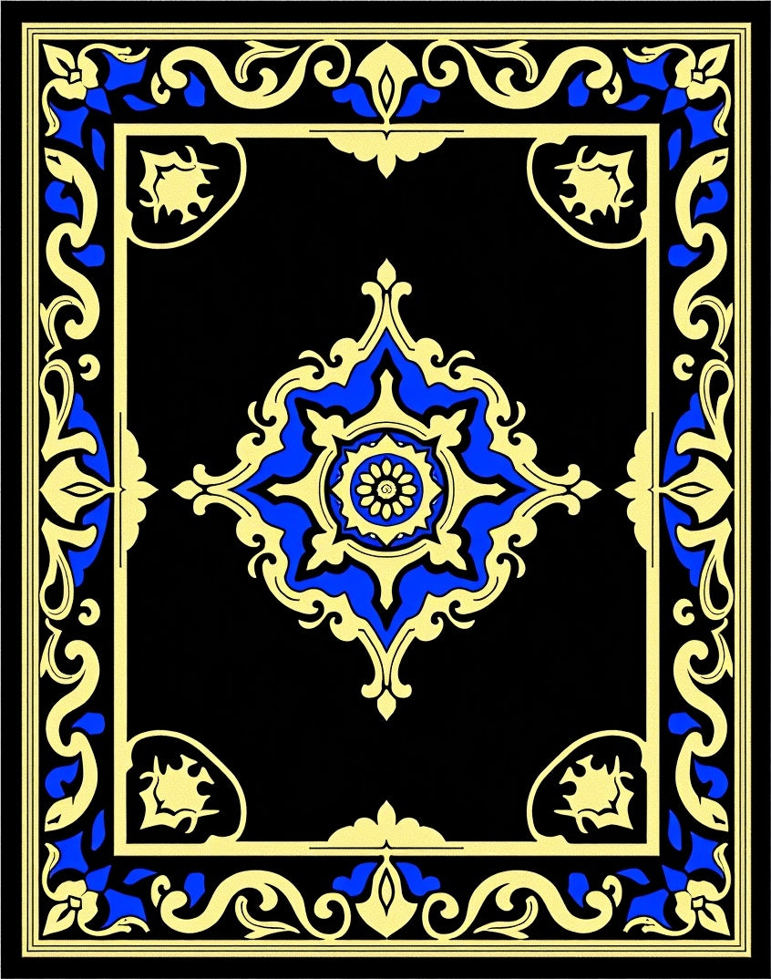 Bold Blue Gold Floral Frame Rug