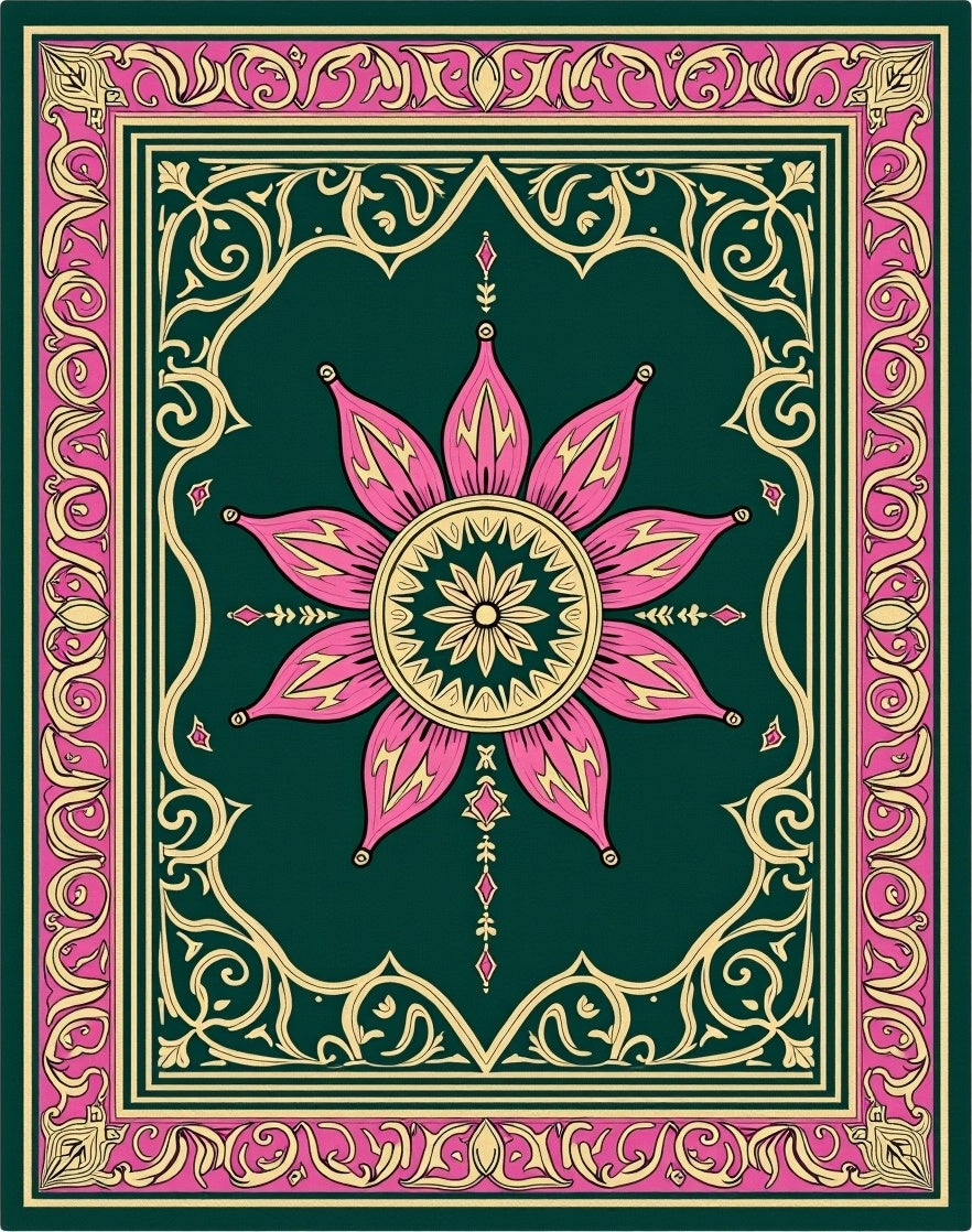 Intricate Floral Medallion With Pink Gold Border Rug