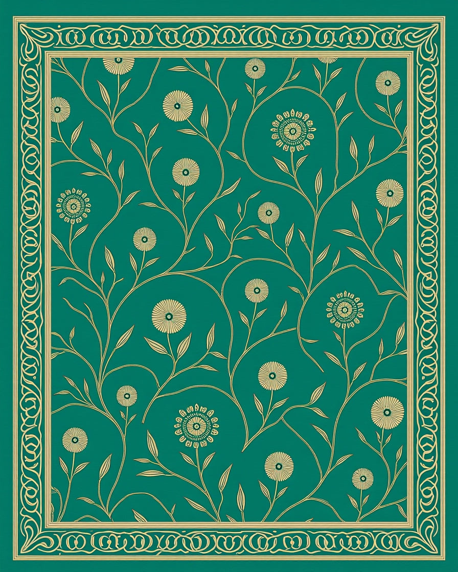 Teal Floral vine Patterned Border Rug