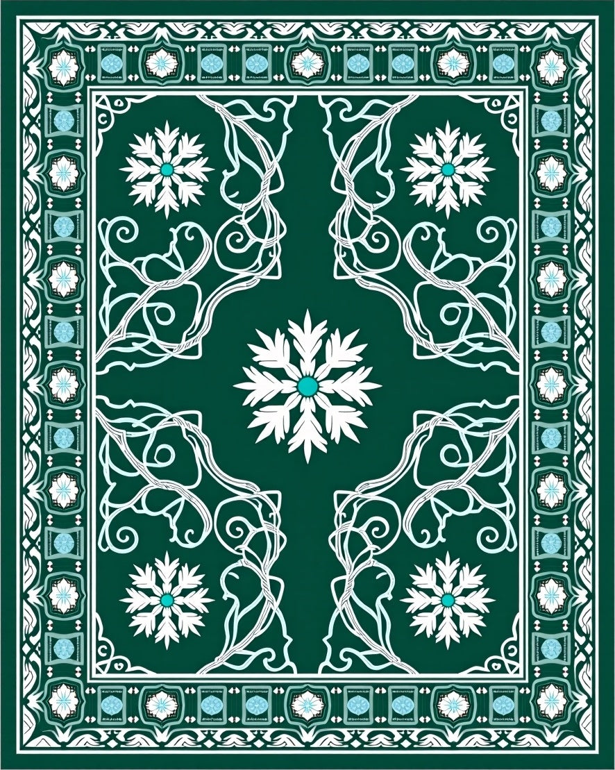 Emerald Snow Flurry Floral Border Rug