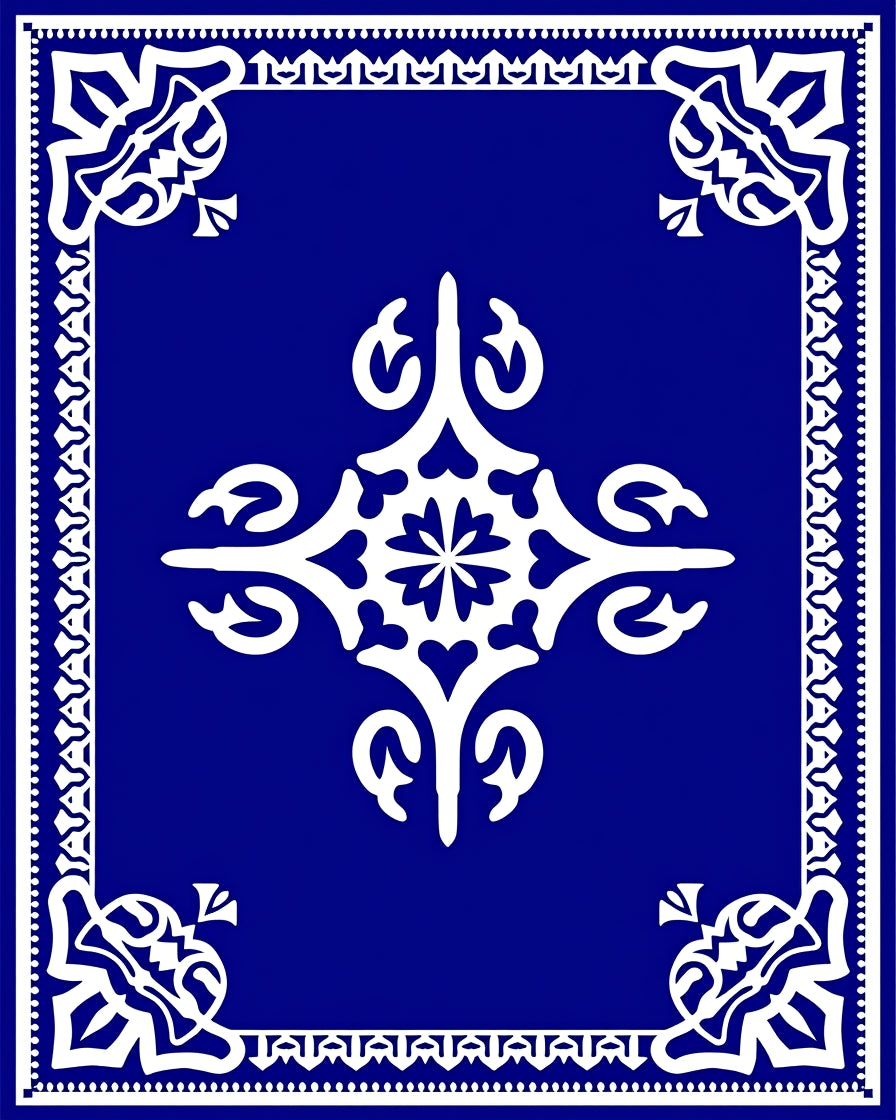Ornate White Floral Motif Blue Rug