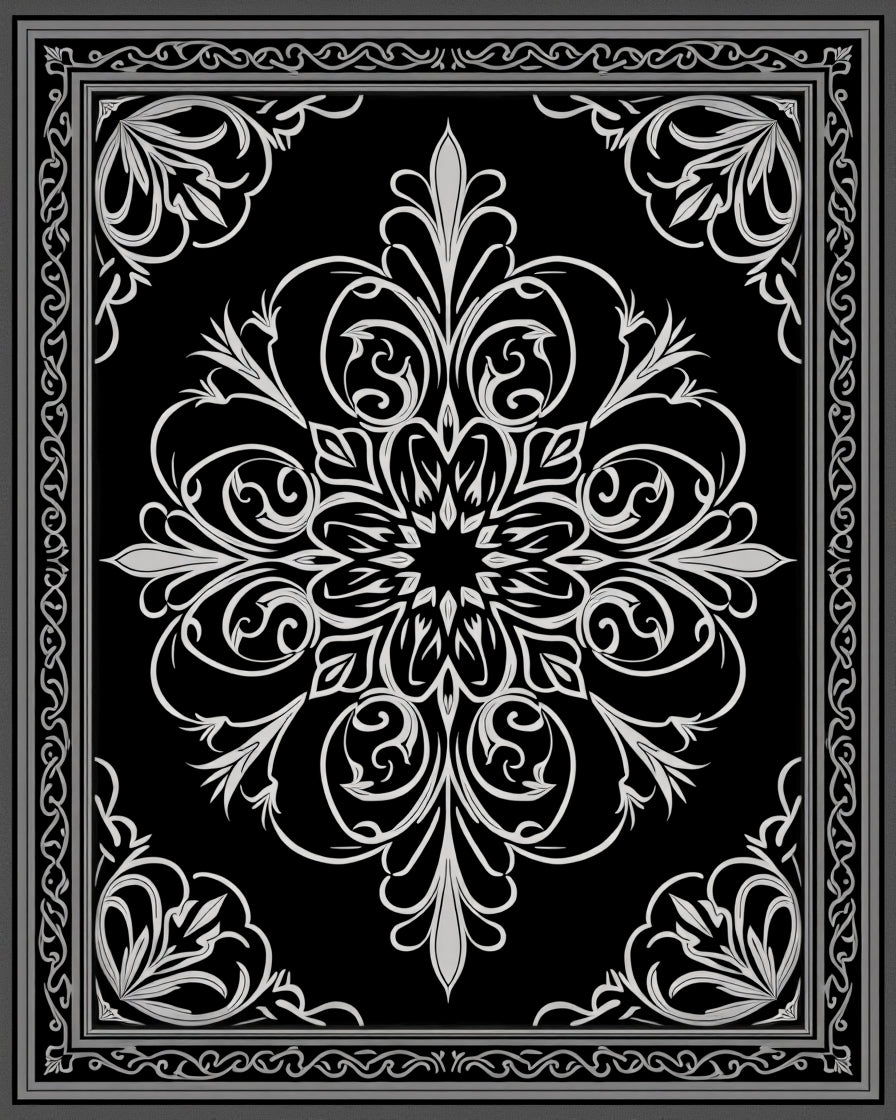 Elegant Black White Floral Scroll Rug