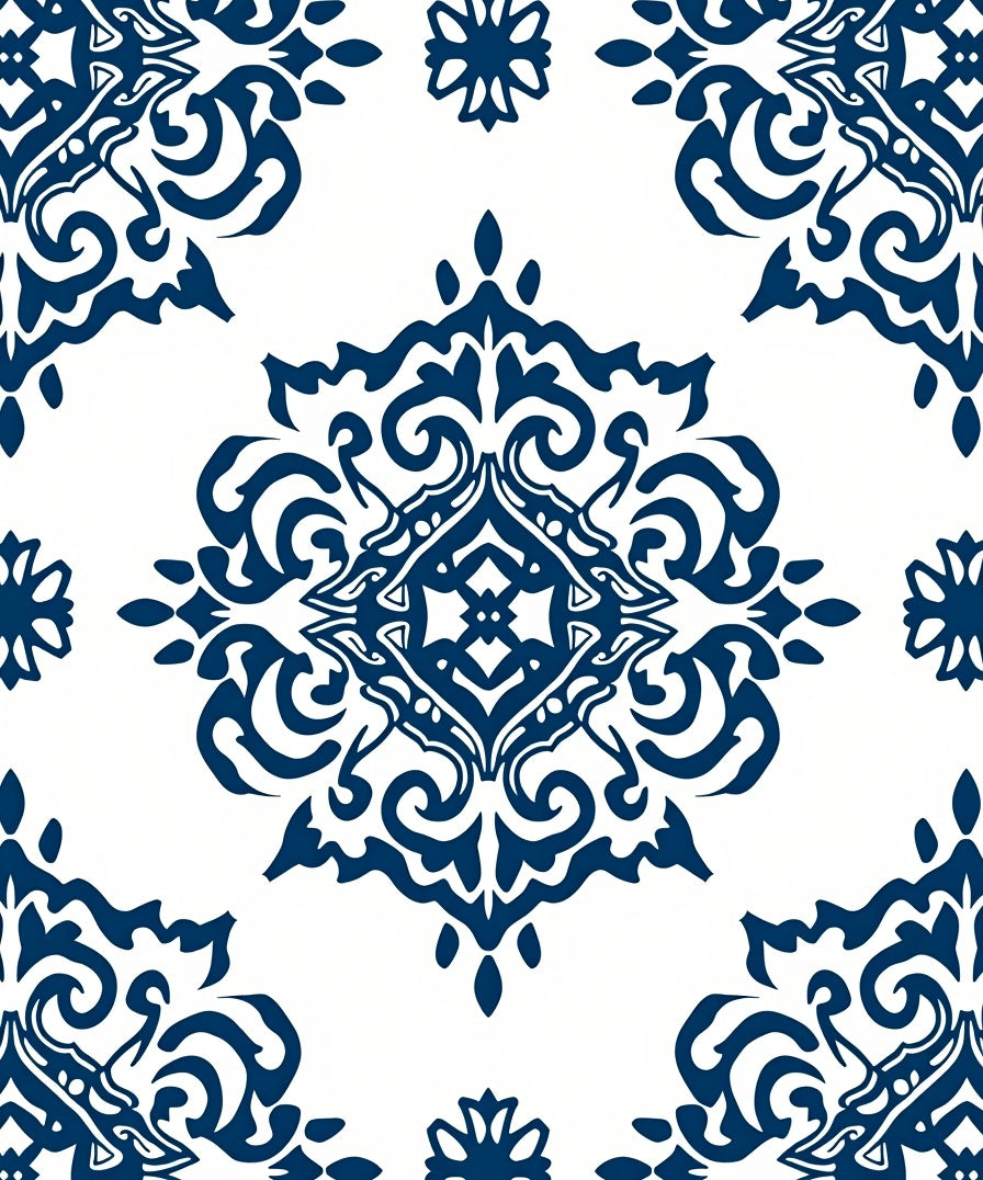 Deep Blue Ornamental Flourish Design Rug