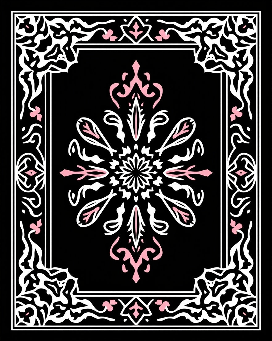 Black White Pink Floral Medallion Border Rug