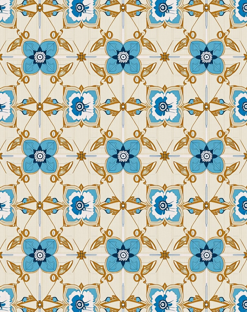 Blue Floral Pattern With Gold Accents Rug