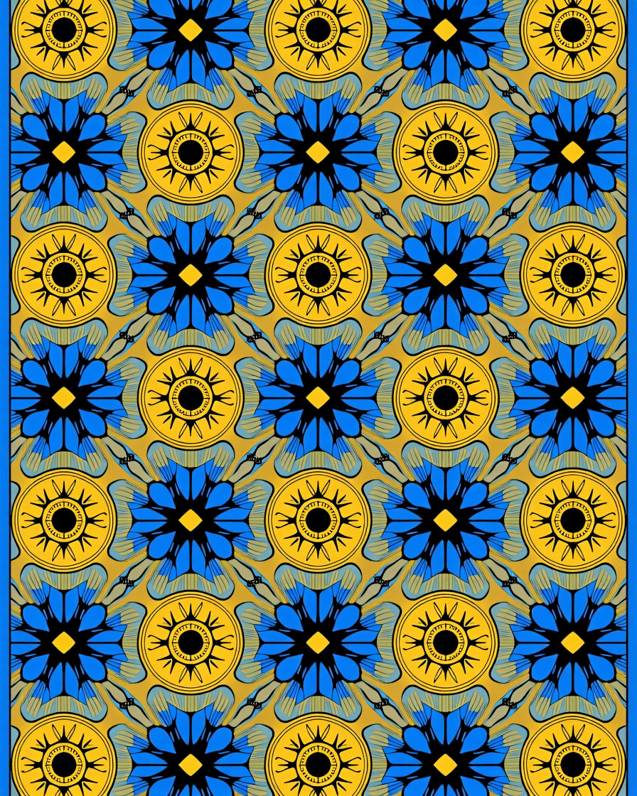 Yellow Blue Floral Sunburst Pattern Rug
