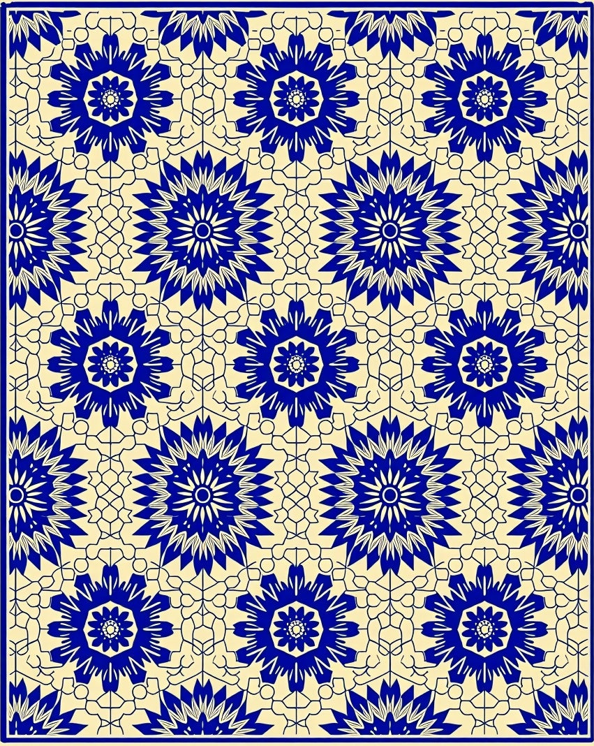 Blue Cream Intricate Floral Pattern Rug