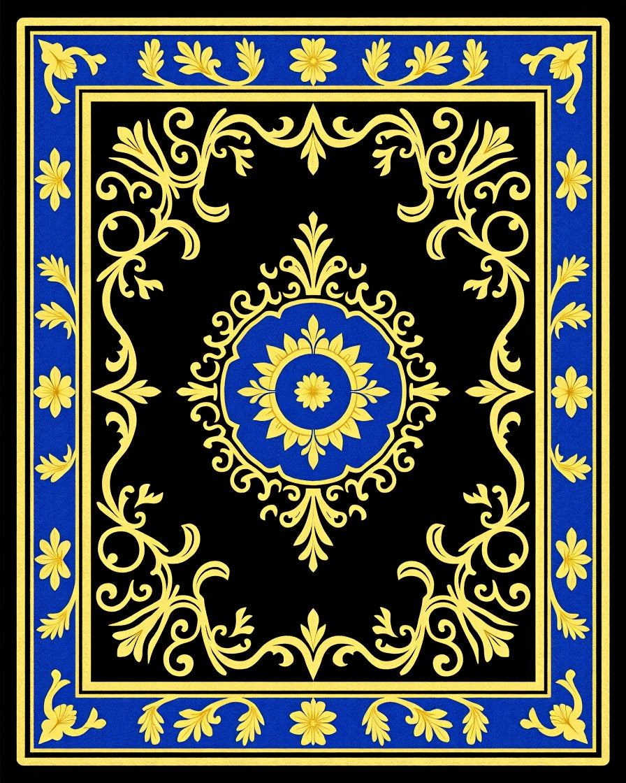 Ornate Blue Gold Floral Border Rug