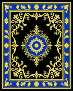 Ornate Blue Gold Floral Border Rug