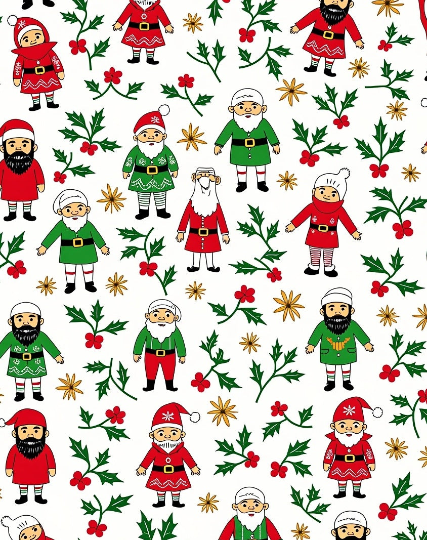 Festive Gnomes Red Green Holly Christmas Rug
