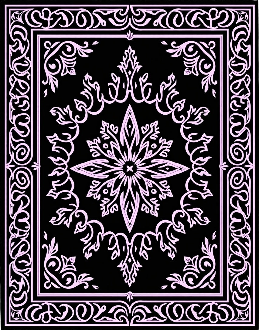 Ornate Black And Pink Floral Pattern Rug