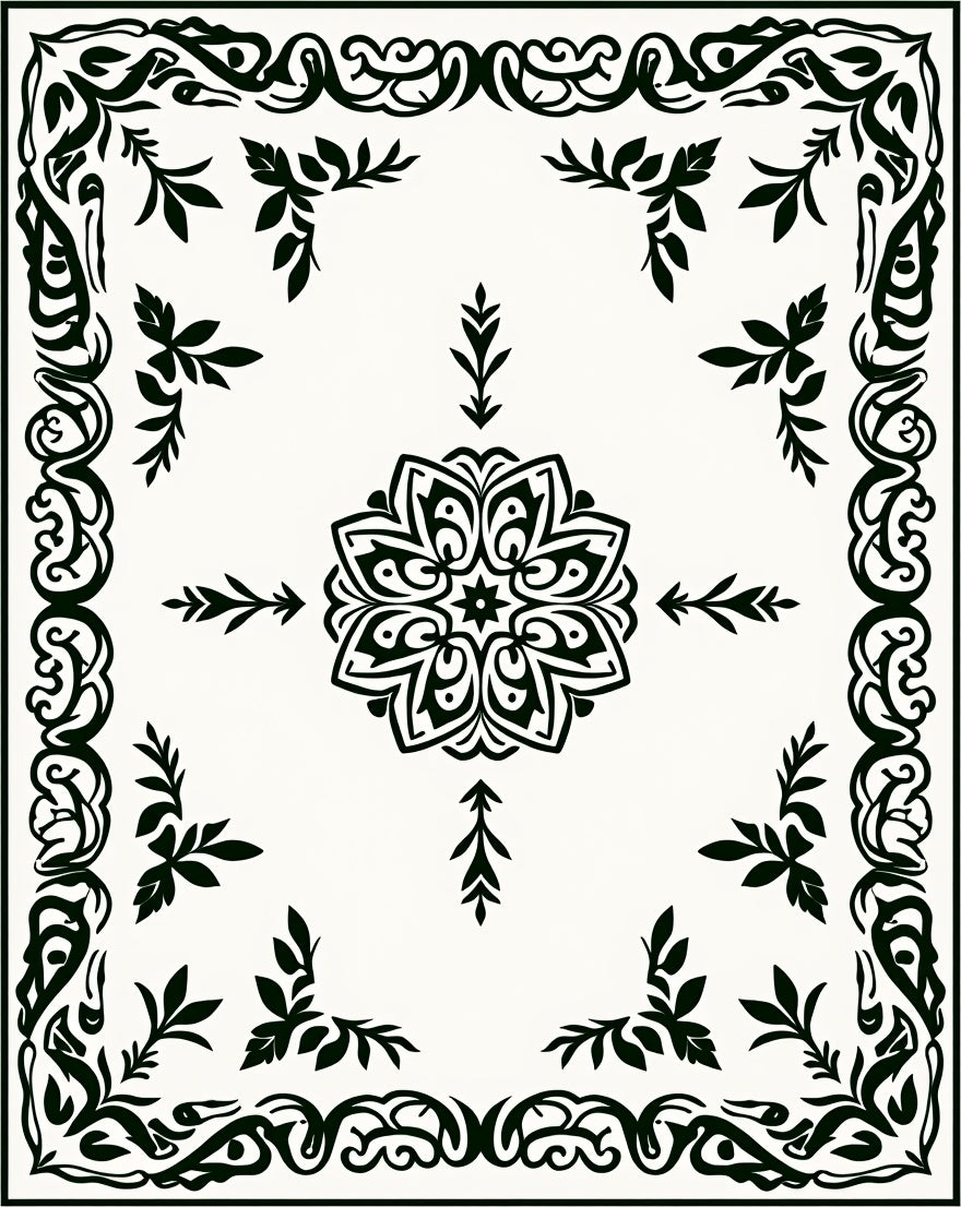 Ornate Black Leaf Motif Rug