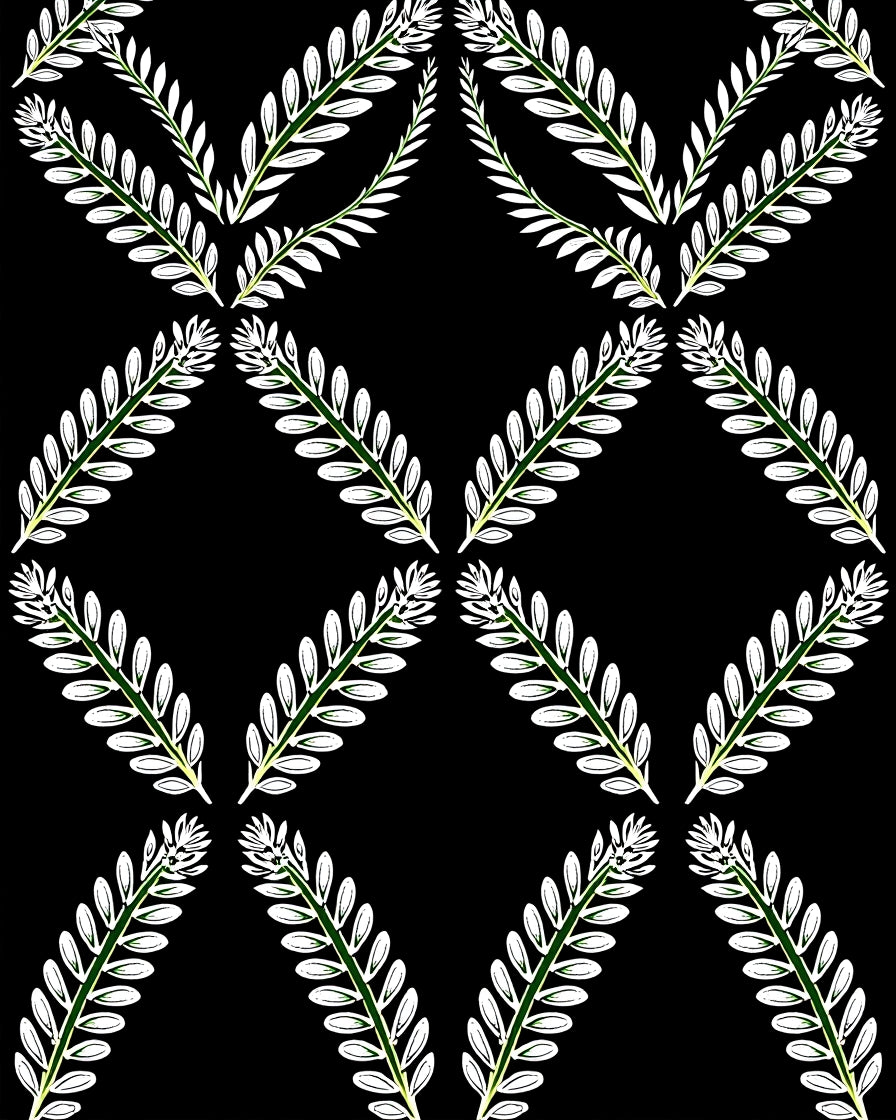 Black Green White Leafed Vine Rhombus Rug