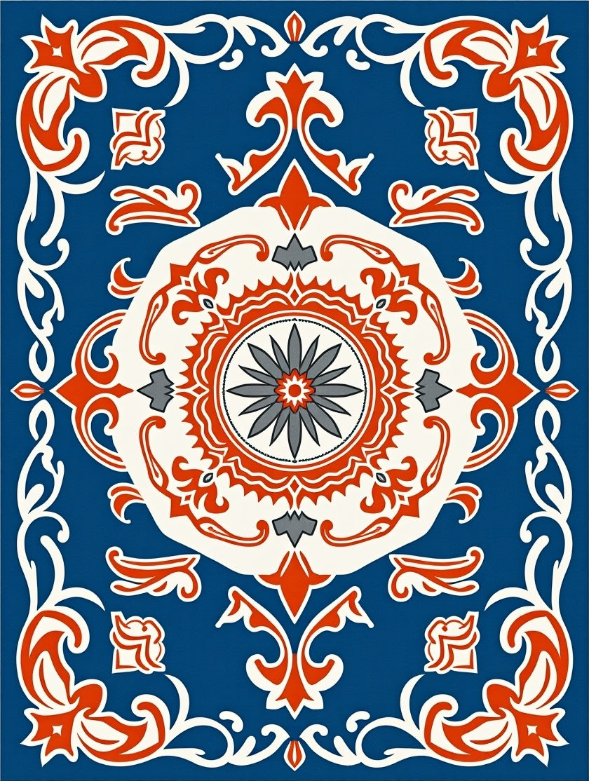 Blue Red White Ornate Floral Rug