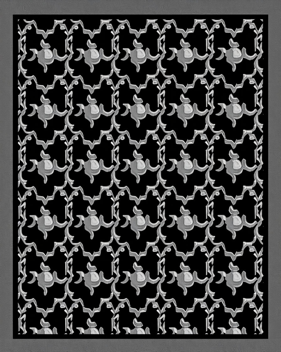 Intricate Black White Floral Pattern Rug