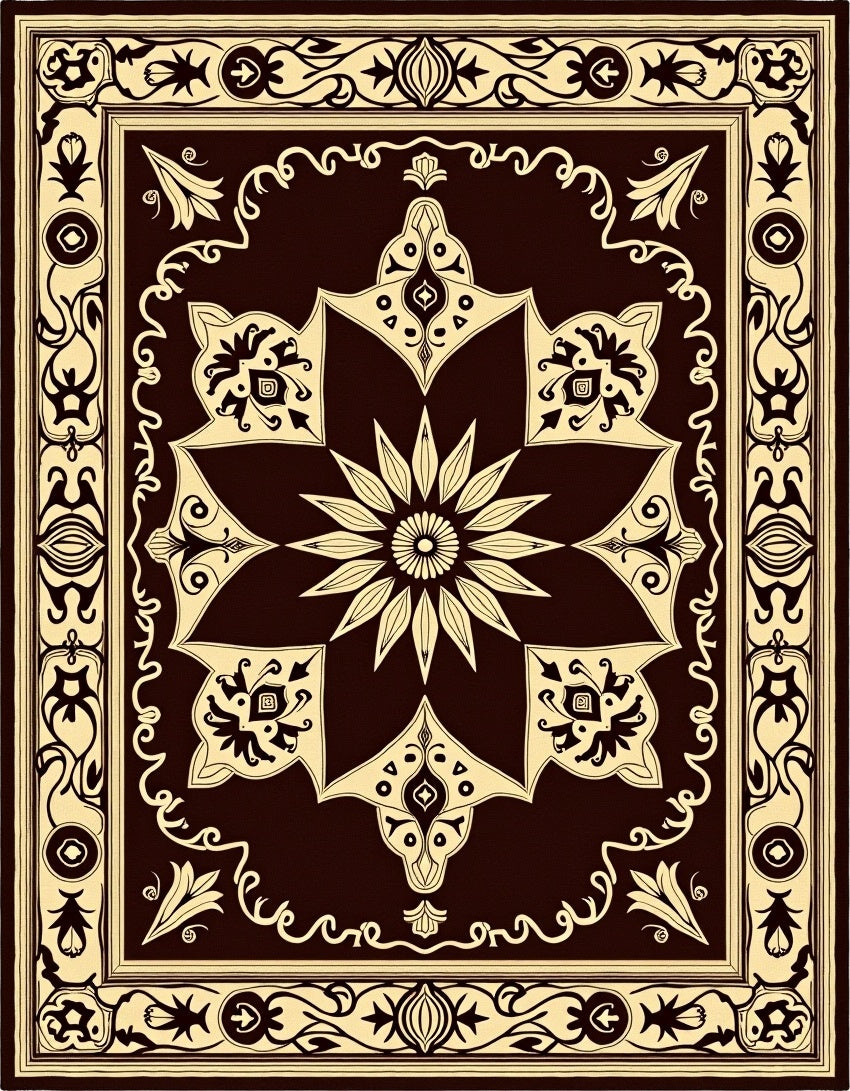 Dark Brown Floral Medallion Border Design Rug