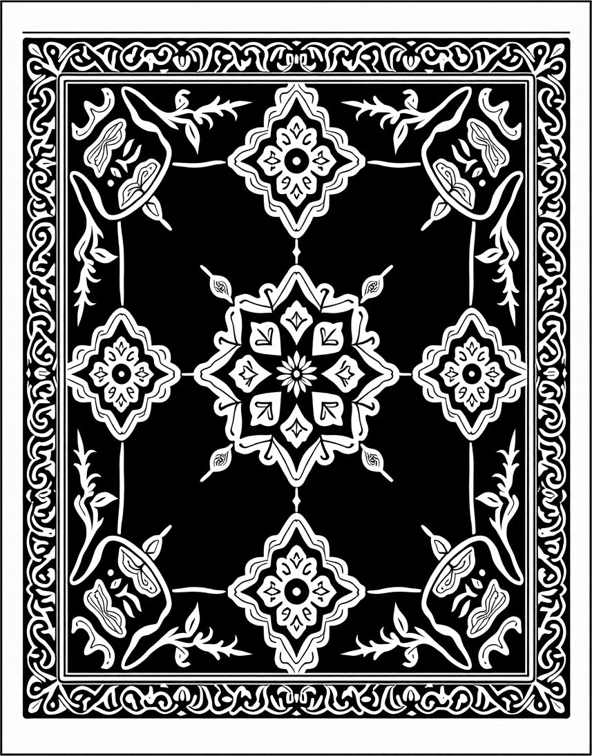 Black White Ornate Floral Mandala Rug