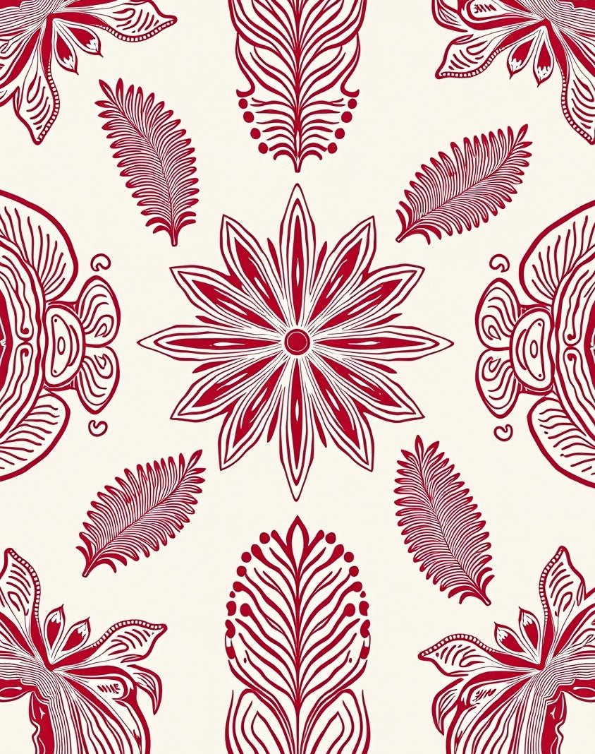 Intricate Red Floral Leaf Pattern Rug