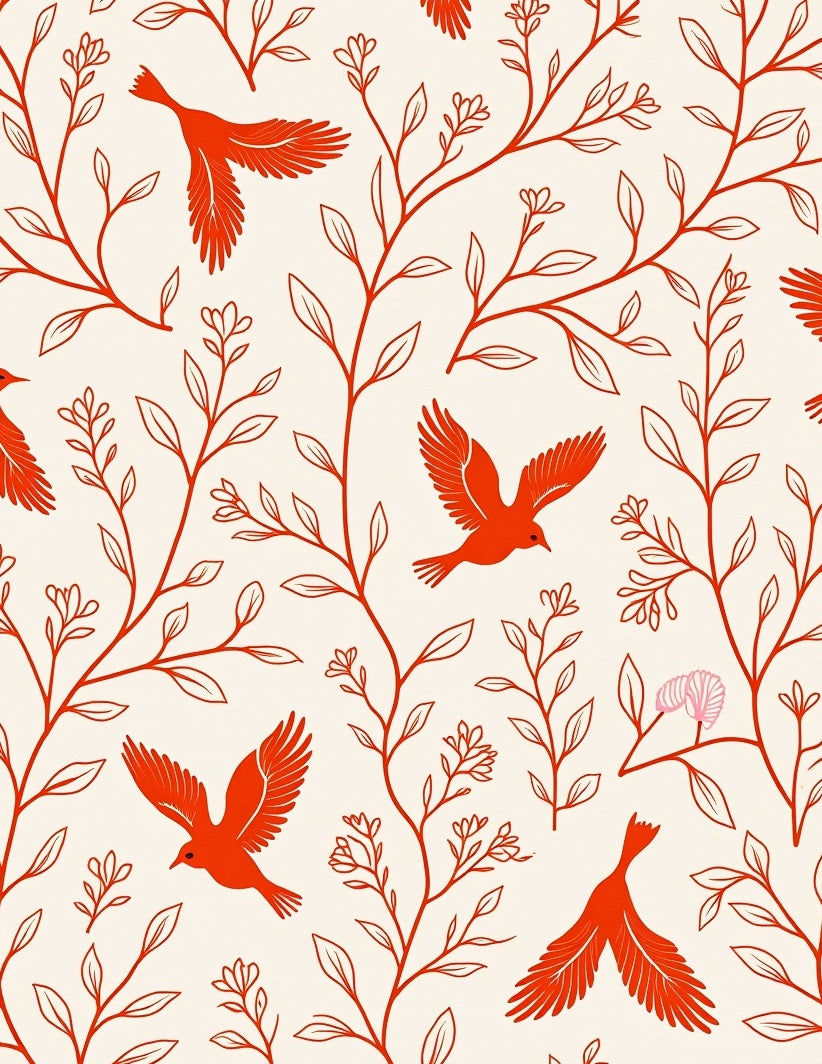 Vibrant Red Birds and Branches Pattern Rug