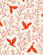 Vibrant Red Birds and Branches Pattern Rug