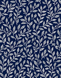 White Leaf Patterned Dark Blue Textile Rug