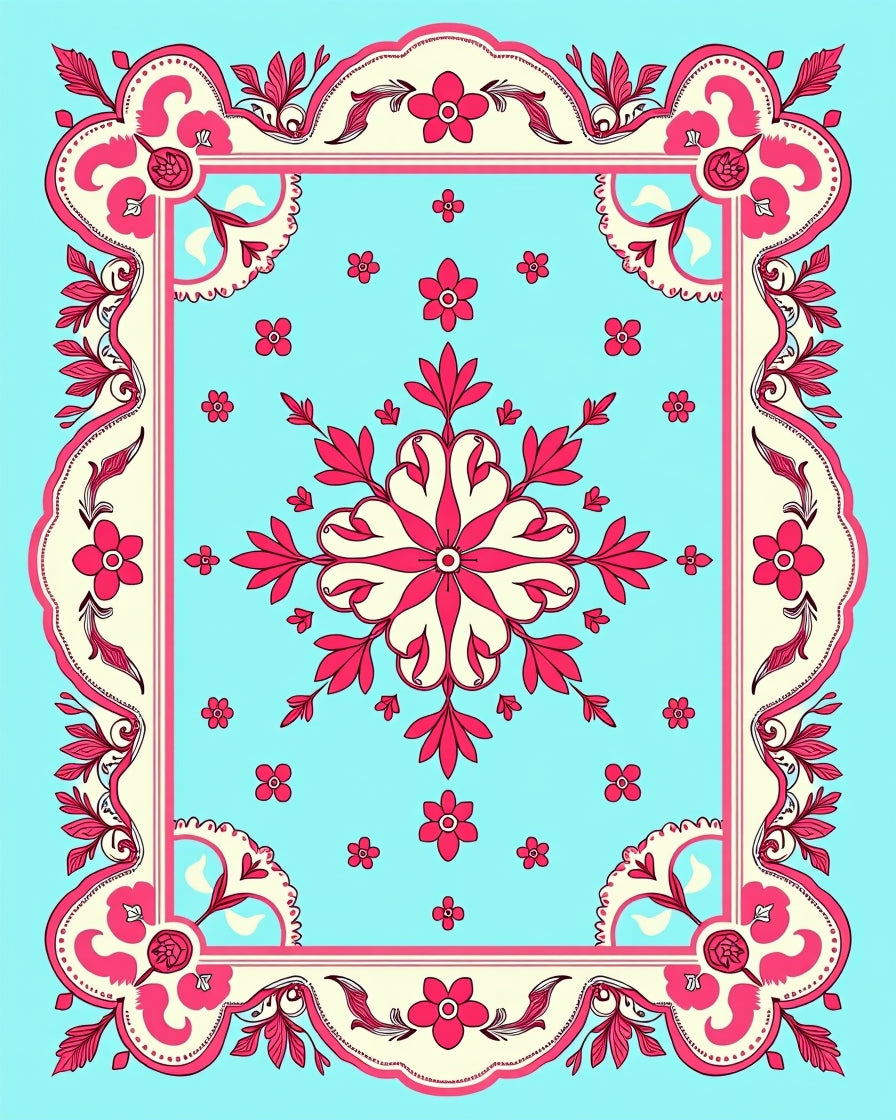 Vibrant Floral Scroll Border Rug
