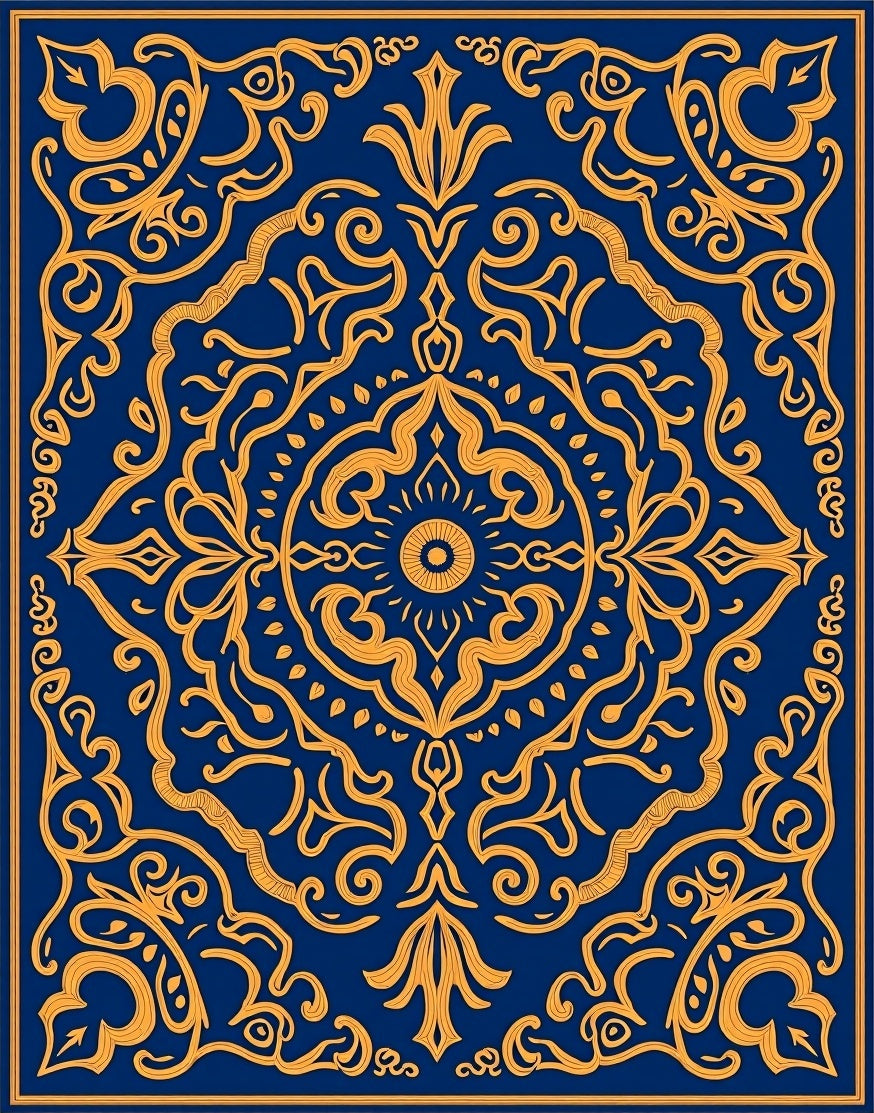 Rich Blue Gold Ornate Scroll Rug