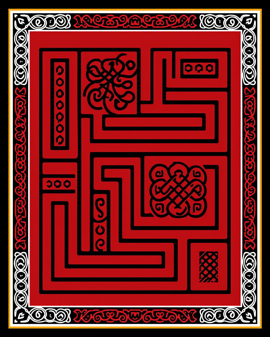 Red Black Maze With Intricate Patterns Rug