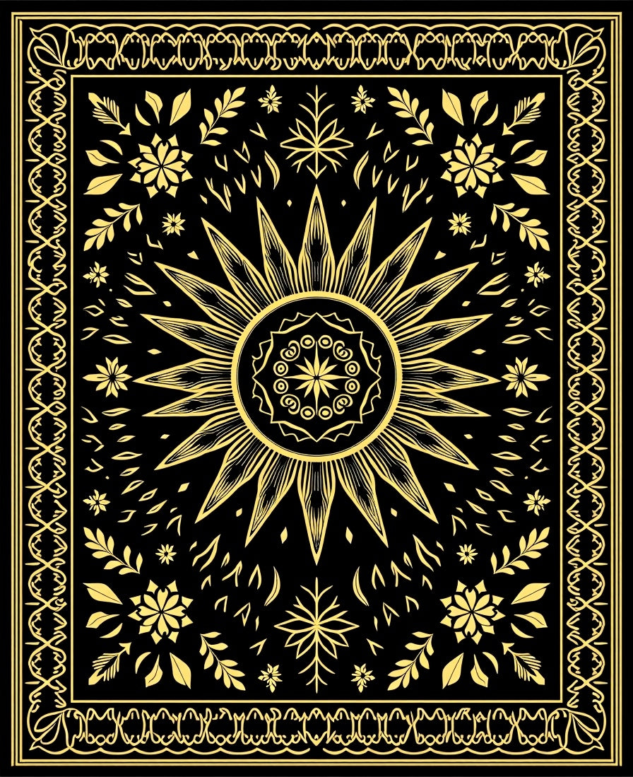 Golden Sunburst Botanical Border Rug