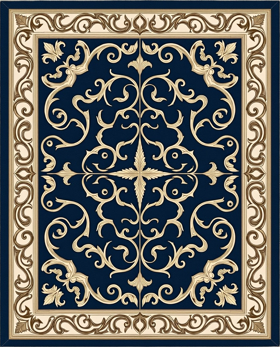 Ornate Scrollwork Navy Gold Accent Rug