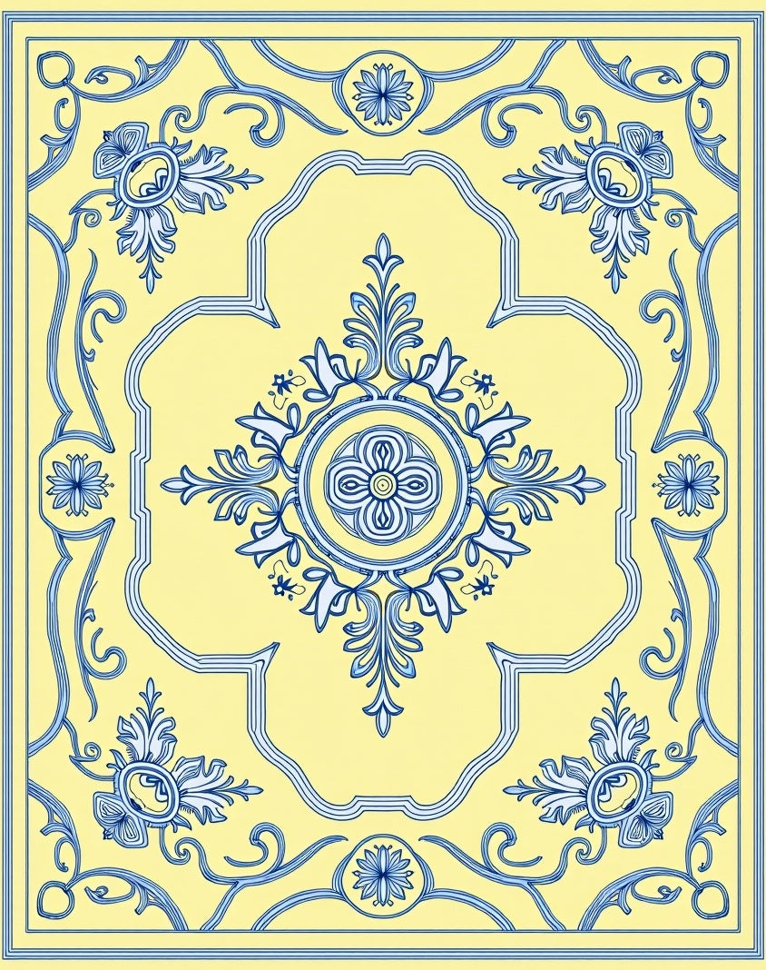 Vibrant Blue Yellow Floral Medallion Rug