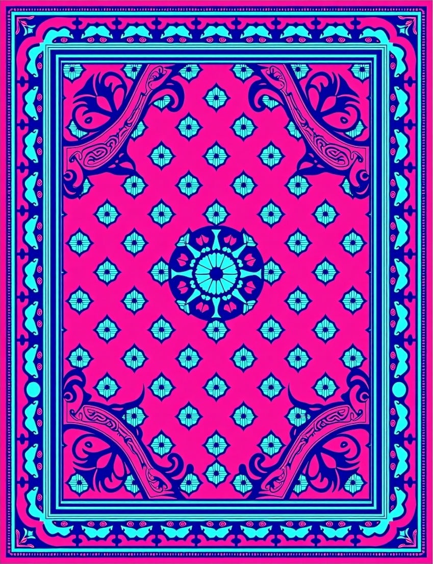 Vibrant Pink Blue Floral Mandala Design Rug