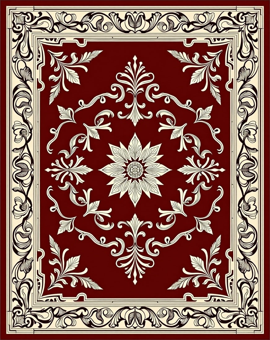Ornate Floral Patterned Burgundy Rug