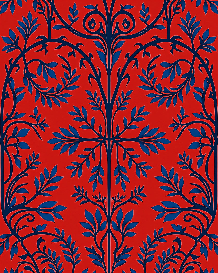 Bold Blue Vine Red Floral Rug