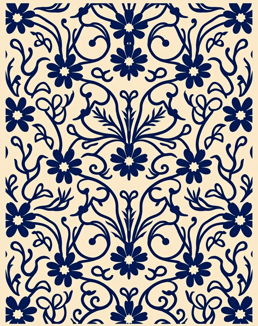 Dark Navy Floral Swirl Pattern Rug
