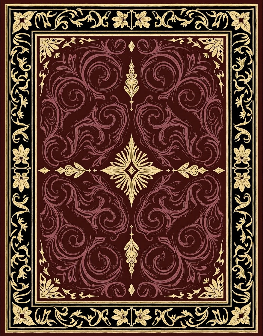 Rich Burgundy Floral Swirl Scrollwork Rug