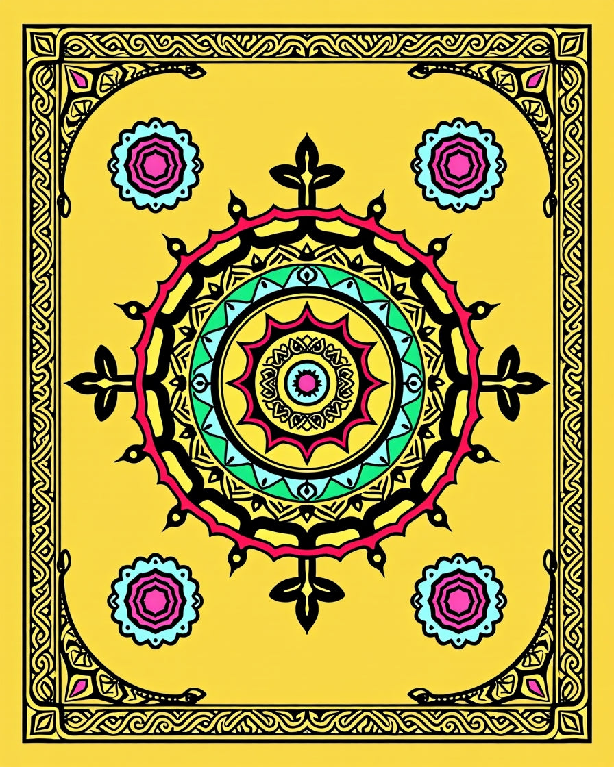 Vivid Yellow Circular Mandala Pattern Rug