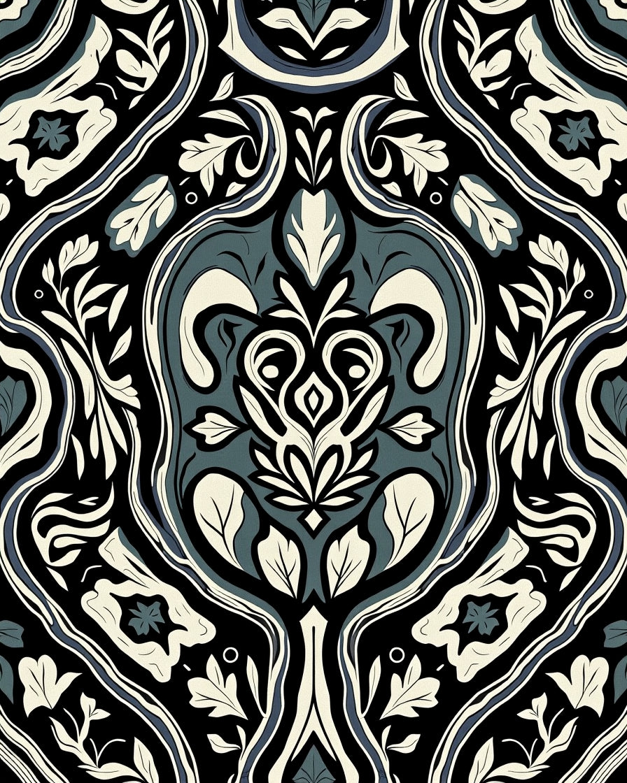 Elegant Black Cream Blue Floral Pattern Rug