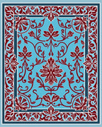 Crimson Floral Vines On Sky Blue Rug