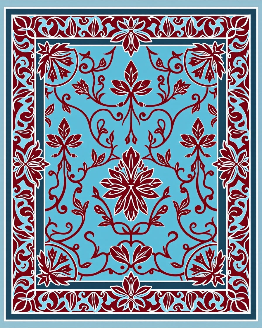 Crimson Floral Vines On Sky Blue Rug