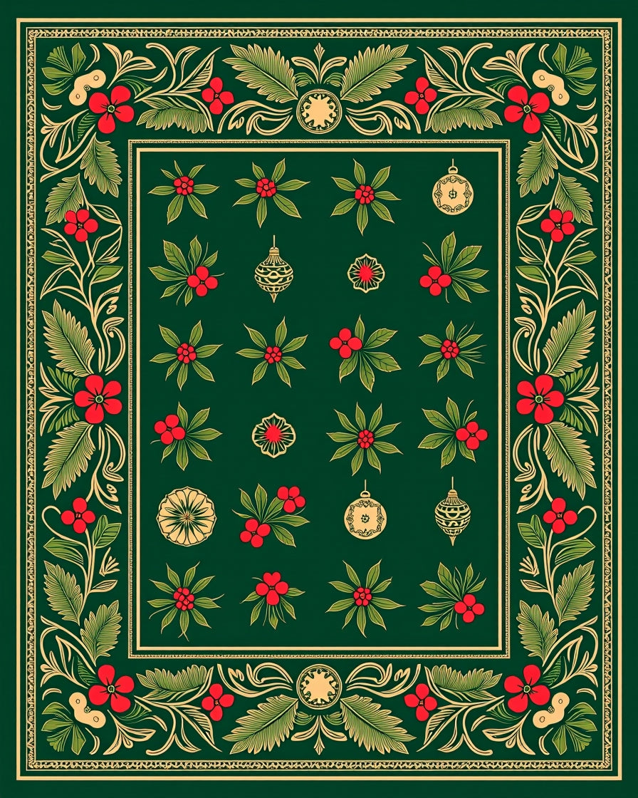 Christmas Red Holly Foliage Ornaments Rug