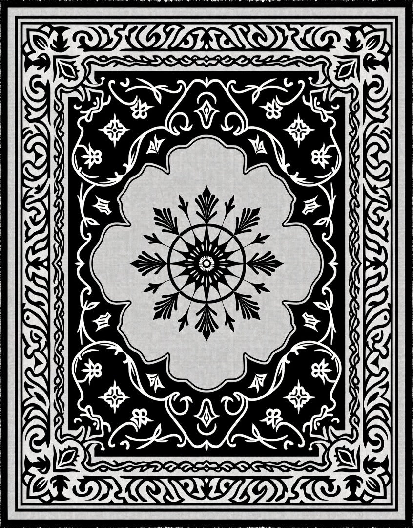 Monochromatic Floral Medallion Scrollwork Rug