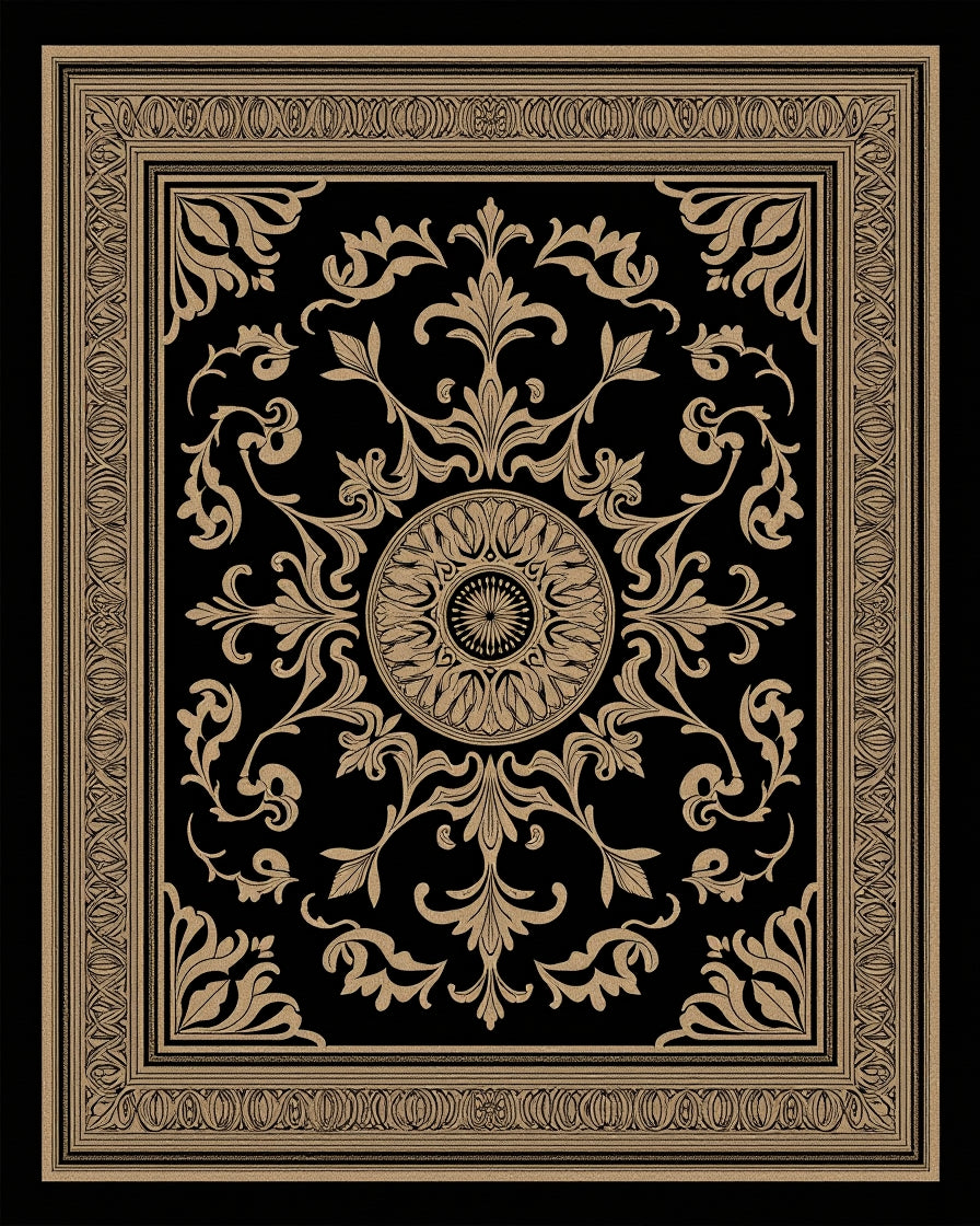 Ornate Black Gold Damask Pattern Rug