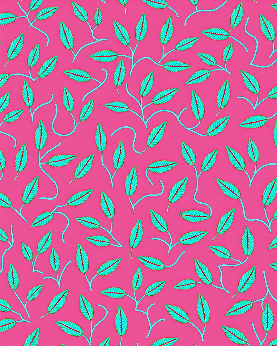 Vibrant Pink Teal Leaf Pattern Rug