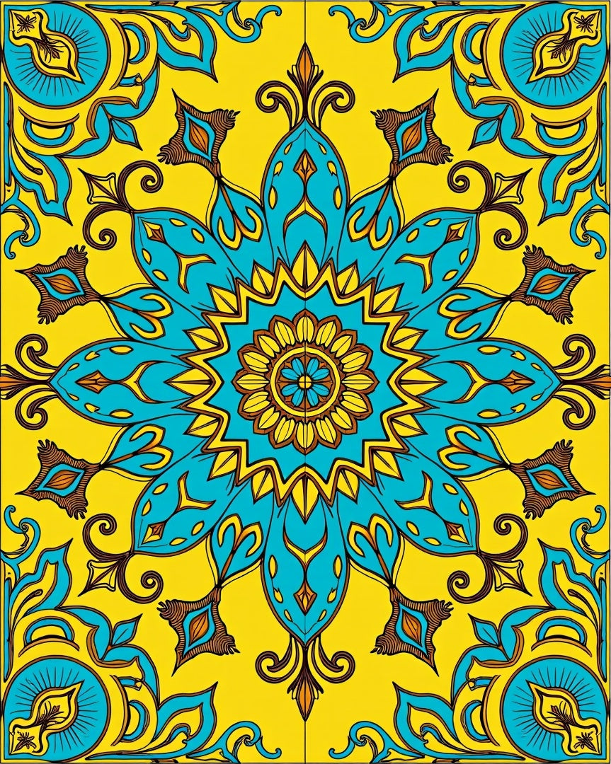 Bright Teal Yellow Floral Mandala Rug