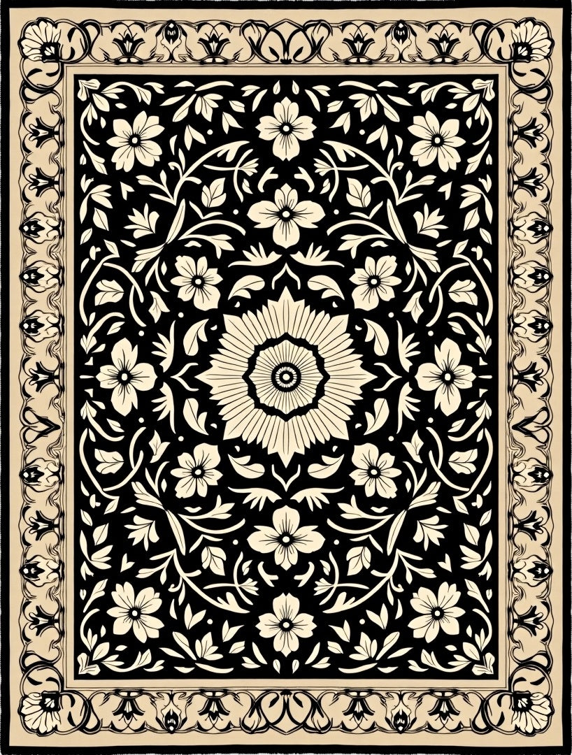 Classic Floral Patterned Black and Cream Rug