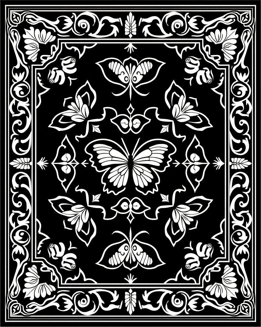 Black White Butterfly Floral Ornament Rug