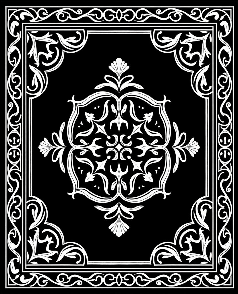 Ornate Black White Floral Pattern Rug