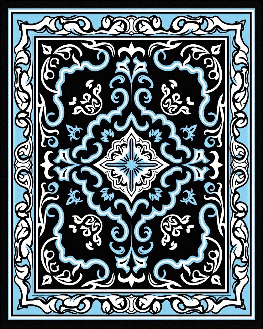 Intricate Black Light Blue Floral Pattern Rug